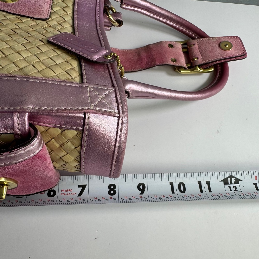 VTG Coach Straw Tote Women Pink Metallic Leather Suede Woven Basket Bag Y2K 4419 - Picture 10 of 15